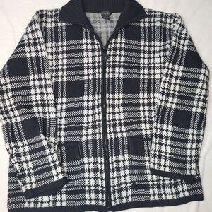 Tally Ho‎ Plaid Mock Neck Zip-Up Sweater Black White Pockets